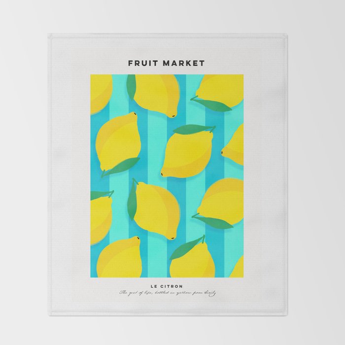 Le citron - lemon fruit market poster on aqua and turquoise stripes Throw Blanket Gallery Image 2