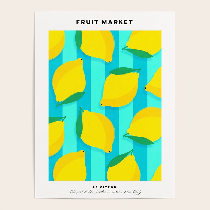 Le citron - lemon fruit market poster on aqua and turquoise stripes Poster Gallery Image 1