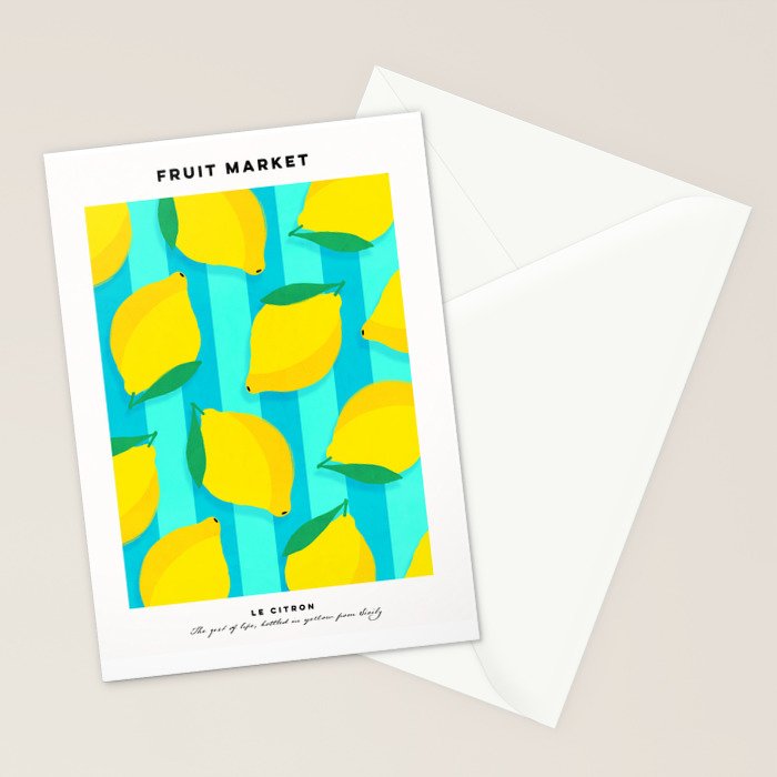 Le citron - lemon fruit market poster on aqua and turquoise stripes Stationery Card Gallery Image 2