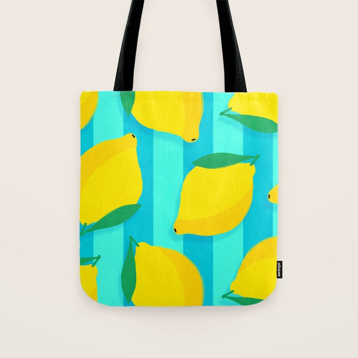 Le citron - lemon fruit market poster on aqua and turquoise stripes Tote Bag Gallery Image 1