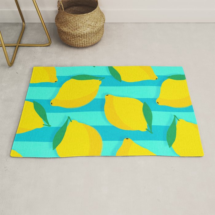 Le citron - lemon fruit market poster on aqua and turquoise stripes Rug Gallery Image 1