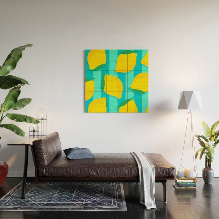 Le citron - lemon fruit market poster on aqua and turquoise stripes Wood Wall Art Gallery Image 2
