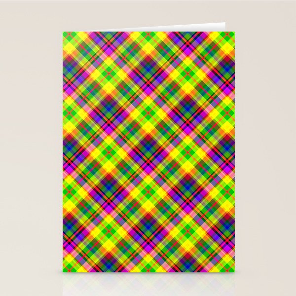 Bright summer neon checkered pattern yellow green purple Stationery Card Gallery Image 1