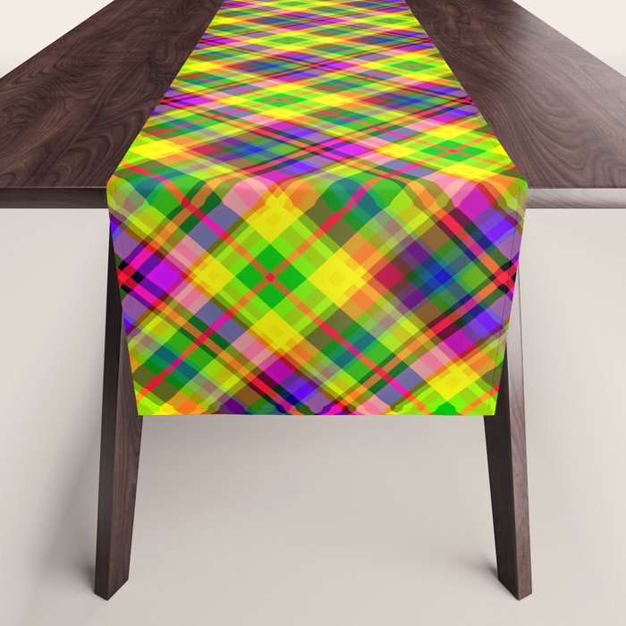 Bright summer neon checkered pattern yellow green purple Table Runner Gallery Image 1