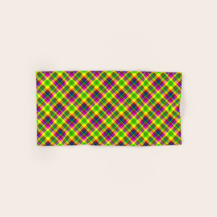 Bright summer neon checkered pattern yellow green purple Bath Towel Gallery Image 1