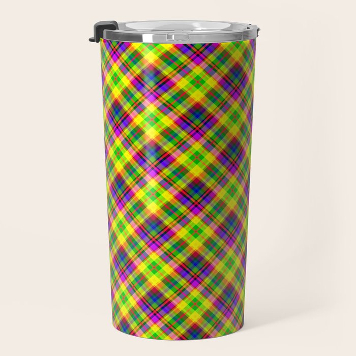 Bright summer neon checkered pattern yellow green purple Travel Mug Gallery Image 3