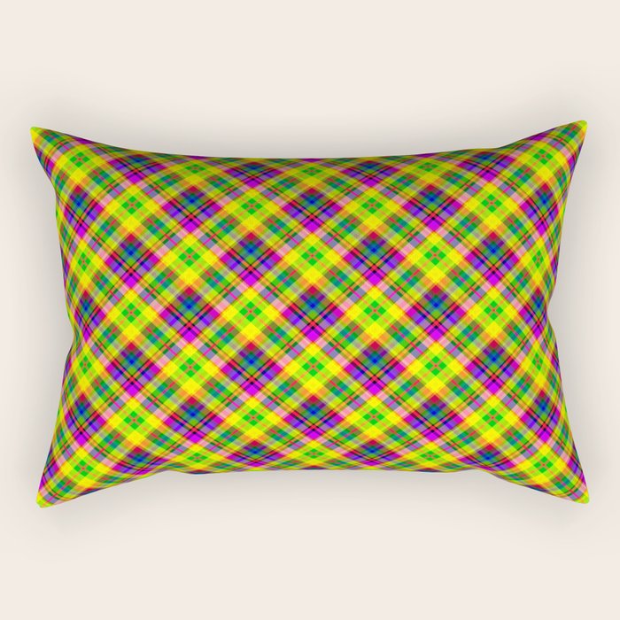 Bright summer neon checkered pattern yellow green purple Rectangular Pillow Gallery Image 1