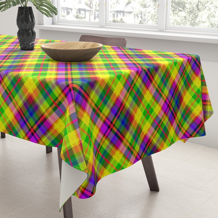 Bright summer neon checkered pattern yellow green purple Tablecloth Gallery Image 3