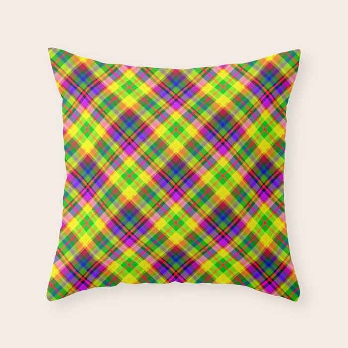 Bright summer neon checkered pattern yellow green purple Throw Pillow Gallery Image 1