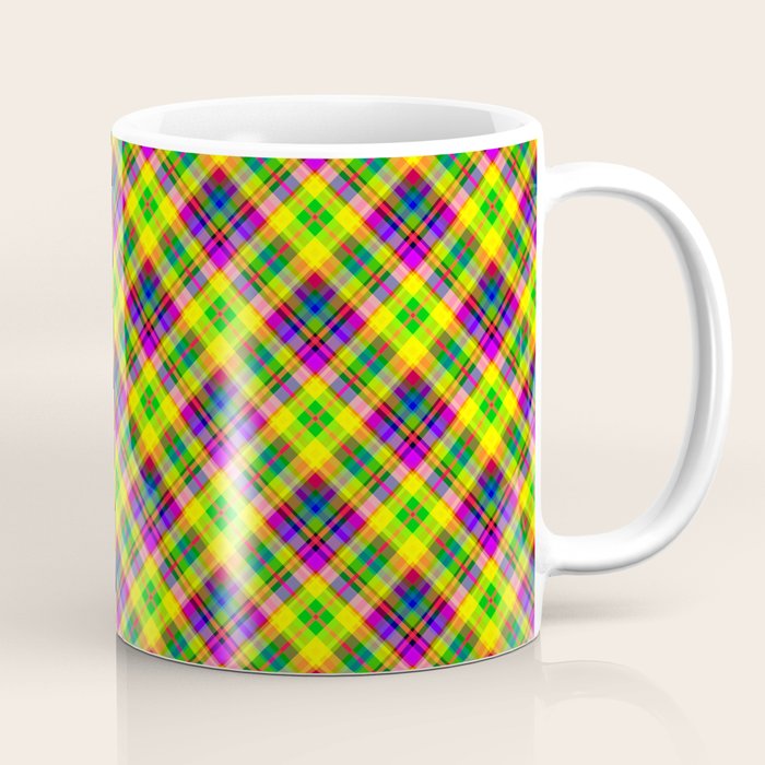 Bright summer neon checkered pattern yellow green purple Coffee Mug Gallery Image 1