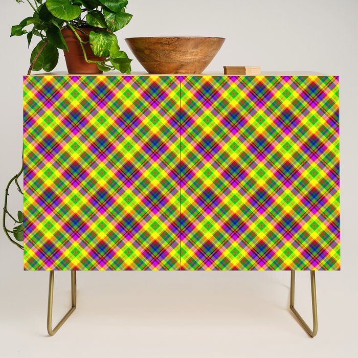 Bright summer neon checkered pattern yellow green purple Credenza Gallery Image 1