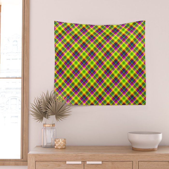 Bright summer neon checkered pattern yellow green purple Wall Tapestry Gallery Image 2