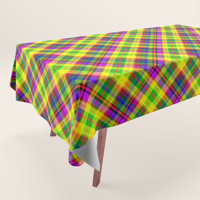 Bright summer neon checkered pattern yellow green purple Tablecloth Gallery Image 1
