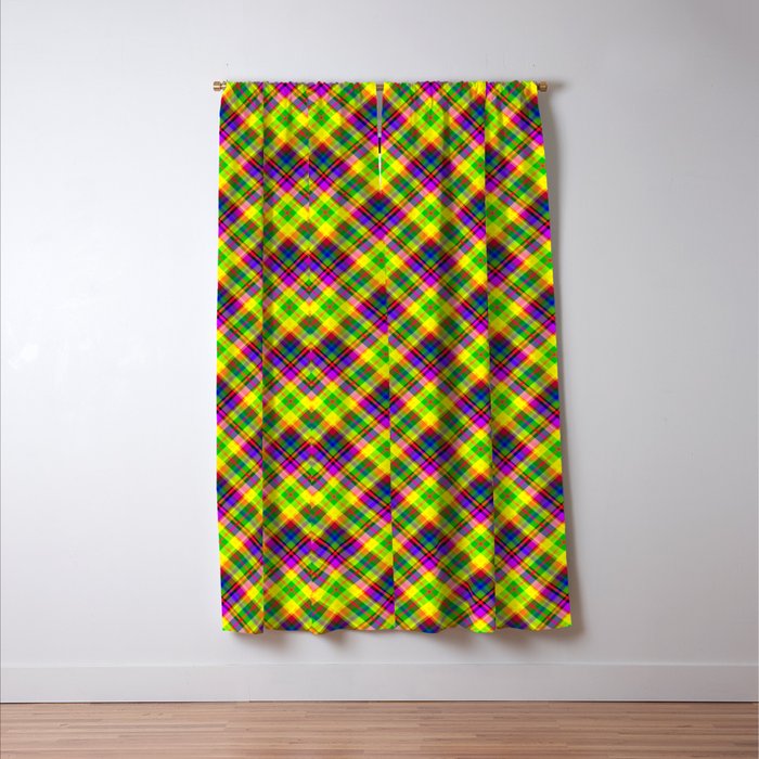 Bright summer neon checkered pattern yellow green purple Window Curtain Gallery Image 3