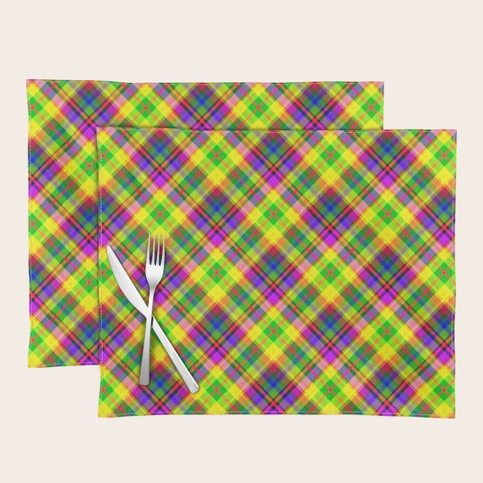 Bright summer neon checkered pattern yellow green purple Placemat Gallery Image 1