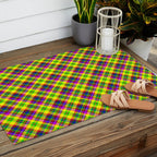 Bright summer neon checkered pattern yellow green purple Outdoor Rug Gallery Image 2