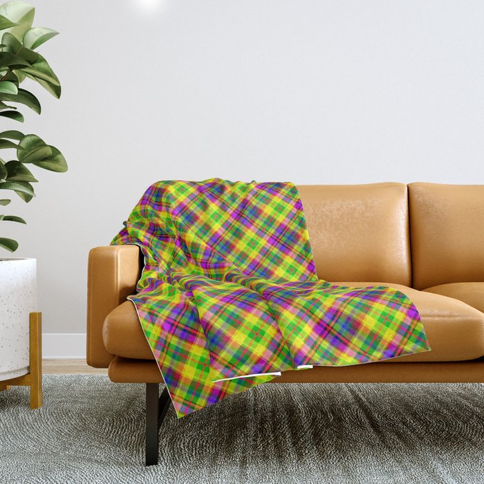Bright summer neon checkered pattern yellow green purple Throw Blanket Gallery Image 1