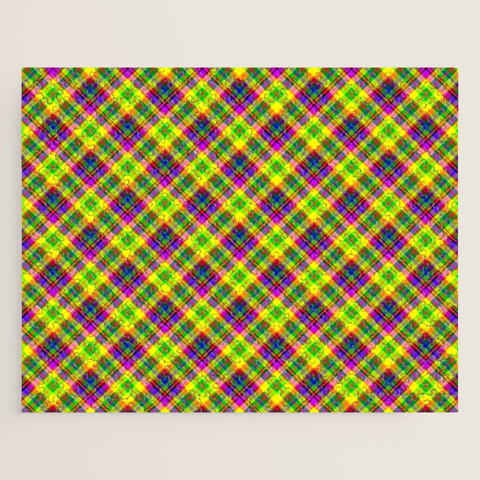 Bright summer neon checkered pattern yellow green purple Jigsaw Puzzle Gallery Image 1