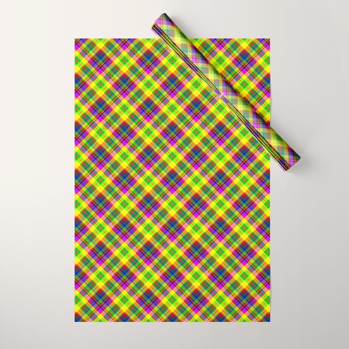 Bright summer neon checkered pattern yellow green purple Wrapping Paper Gallery Image 1