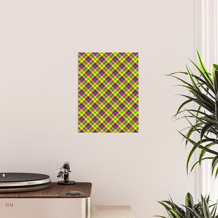 Bright summer neon checkered pattern yellow green purple Poster Gallery Image 2
