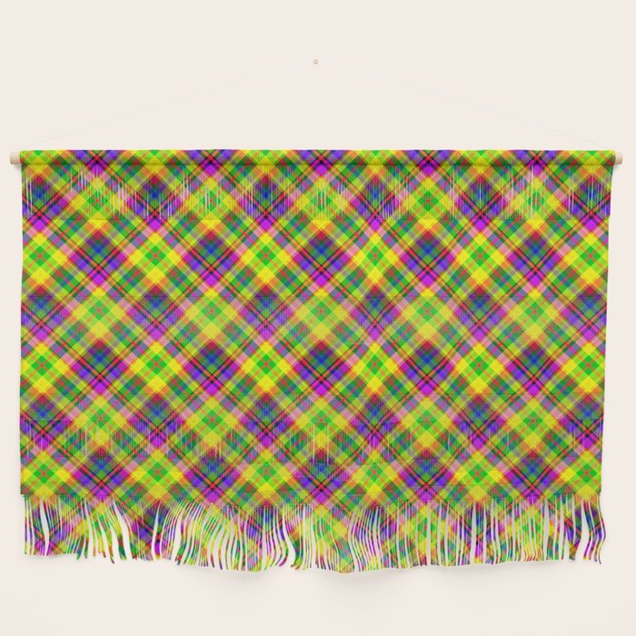 Bright summer neon checkered pattern yellow green purple Wall Hanging Gallery Image 1