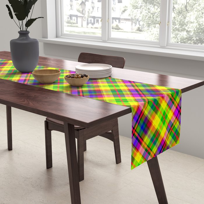 Bright summer neon checkered pattern yellow green purple Table Runner Gallery Image 2