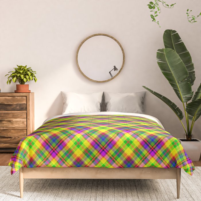 Bright summer neon checkered pattern yellow green purple Comforter Gallery Image 3