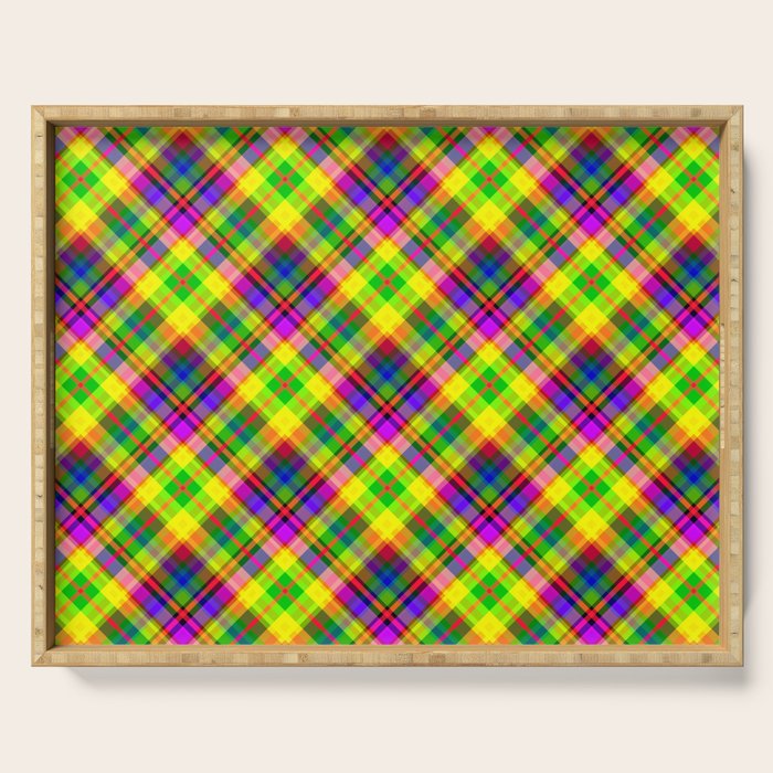 Bright summer neon checkered pattern yellow green purple Serving Tray Gallery Image 1