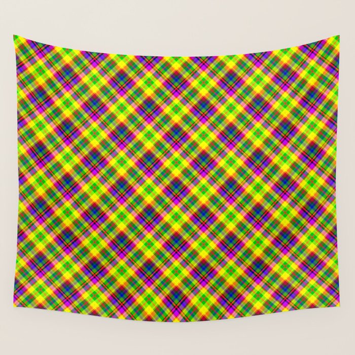 Bright summer neon checkered pattern yellow green purple Wall Tapestry Gallery Image 4