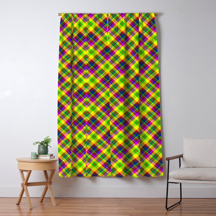 Bright summer neon checkered pattern yellow green purple Window Curtain Gallery Image 1