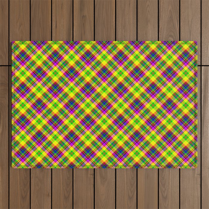 Bright summer neon checkered pattern yellow green purple Outdoor Rug Gallery Image 1