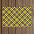 Bright summer neon checkered pattern yellow green purple Outdoor Rug Gallery Image 1