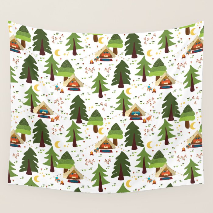 Glamping between trees. Campnight. Wall Tapestry Gallery Image 1