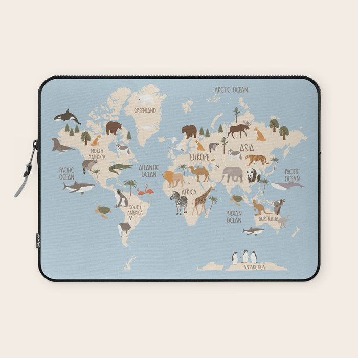 Illustrated Animal World Map Laptop Sleeve Gallery Image 1