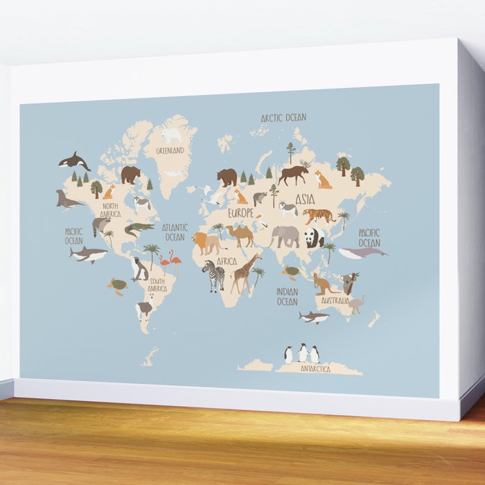 Illustrated Animal World Map Wall Mural Gallery Image 2