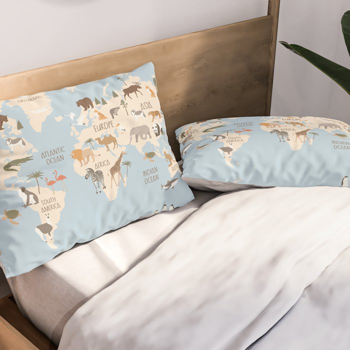 Illustrated Animal World Map Pillow Sham Gallery Image 2