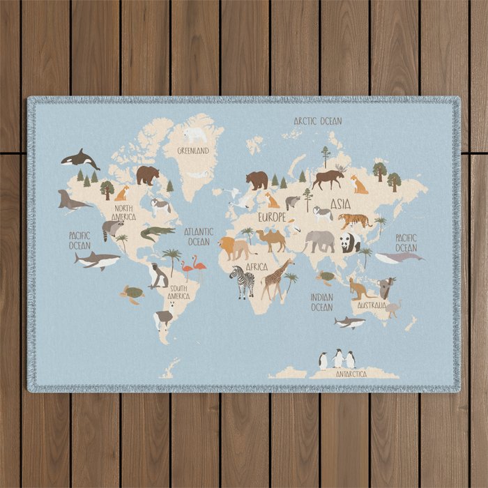 Illustrated Animal World Map Outdoor Rug Gallery Image 1