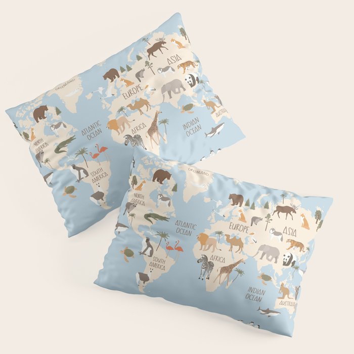 Illustrated Animal World Map Pillow Sham Gallery Image 3