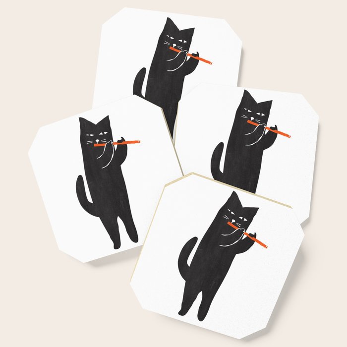 Black cat with flute Coaster Gallery Image 1