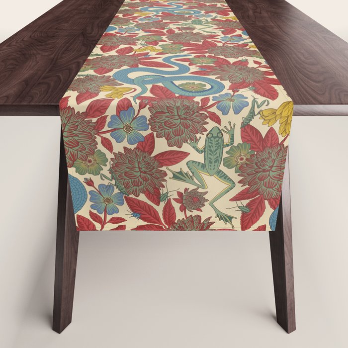 Large-Scale Dahlias, Frogs, Snakes, Praying Mantis in Red and Blue Table Runner Gallery Image 1