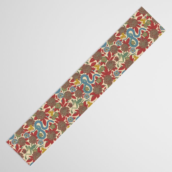 Large-Scale Dahlias, Frogs, Snakes, Praying Mantis in Red and Blue Table Runner Gallery Image 3