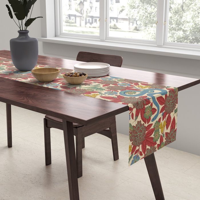 Large-Scale Dahlias, Frogs, Snakes, Praying Mantis in Red and Blue Table Runner Gallery Image 2