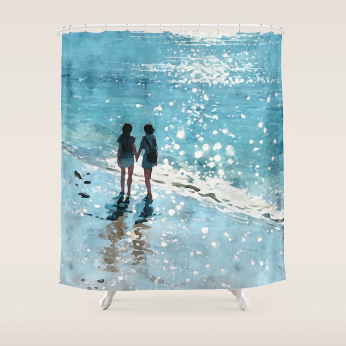 Friends on the Beach Sparkling Watercolor Shower Curtain Gallery Image 1
