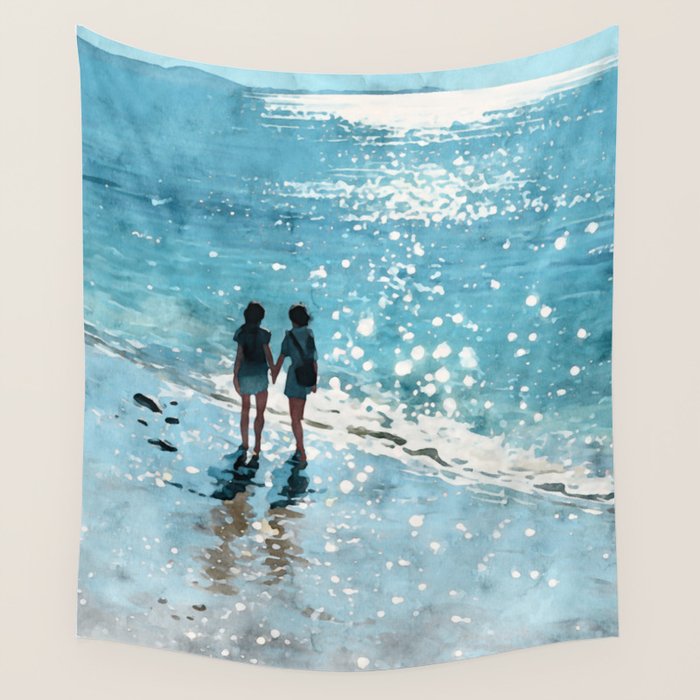 Friends on the Beach Sparkling Watercolor Wall Tapestry Gallery Image 4