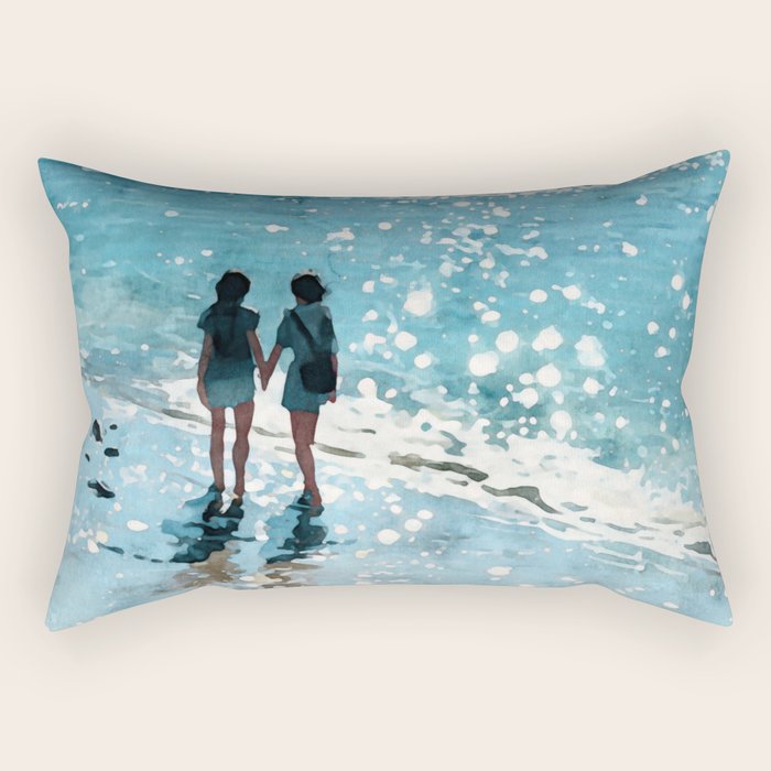 Friends on the Beach Sparkling Watercolor Rectangular Pillow Gallery Image 2
