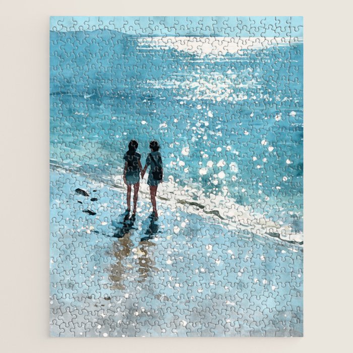 Friends on the Beach Sparkling Watercolor Jigsaw Puzzle Gallery Image 1