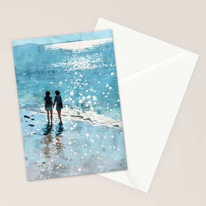 Friends on the Beach Sparkling Watercolor Stationery Card Gallery Image 2