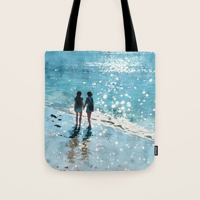 Friends on the Beach Sparkling Watercolor Tote Bag Gallery Image 1