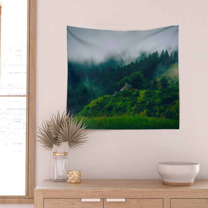 Moist Rainy Forest Pine Trees  Green Hills Wall Tapestry Gallery Image 2