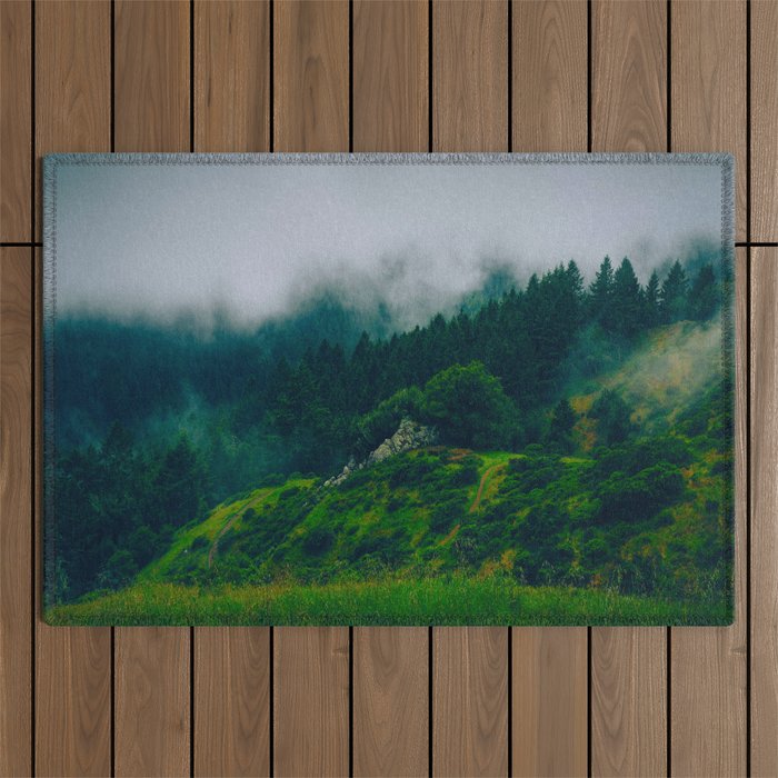 Moist Rainy Forest Pine Trees  Green Hills Outdoor Rug Gallery Image 1